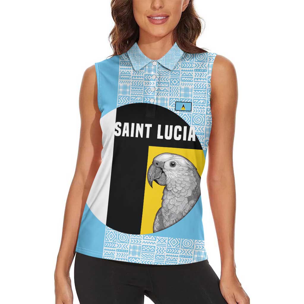 Saint Lucia Graphic Parrot Women Sleeveless Polo Shirt with Tribal Pattern and Minimalist Blue Black Design - Wonder Print Shop