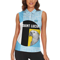 Saint Lucia Graphic Parrot Women Sleeveless Polo Shirt with Tribal Pattern and Minimalist Blue Black Design - Wonder Print Shop