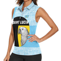 Saint Lucia Graphic Parrot Women Sleeveless Polo Shirt with Tribal Pattern and Minimalist Blue Black Design - Wonder Print Shop
