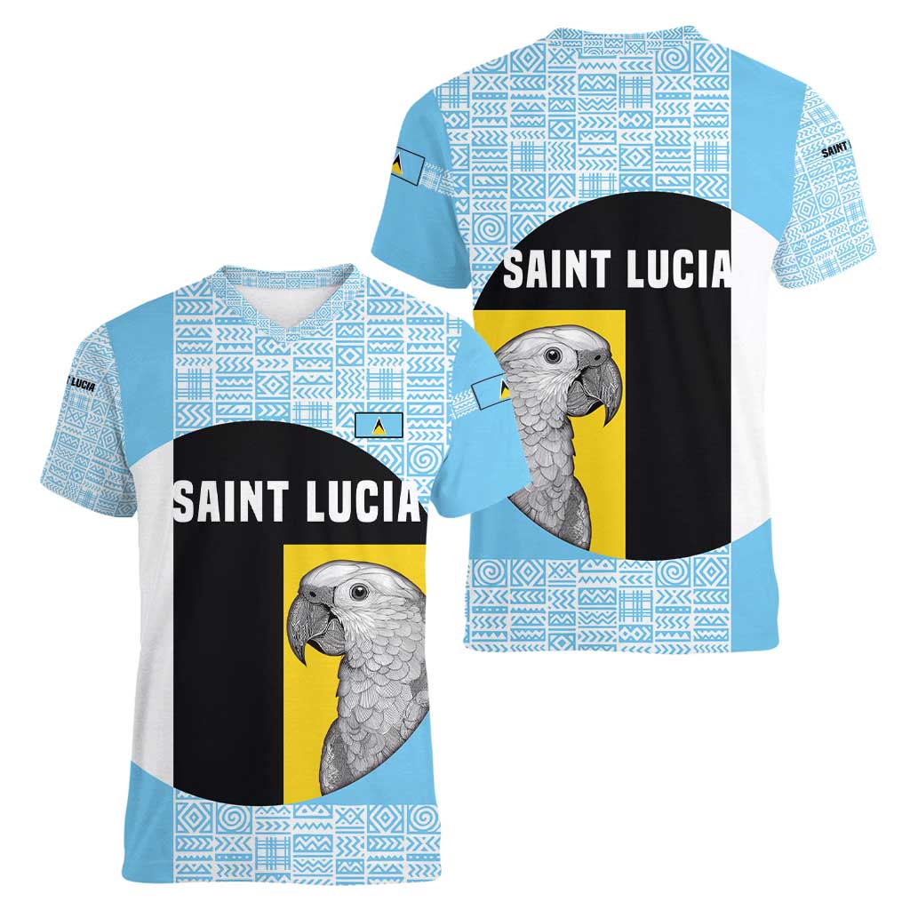 Saint Lucia Graphic Parrot Women V-Neck T-Shirt with Tribal Pattern and Minimalist Blue Black Design - Wonder Print Shop