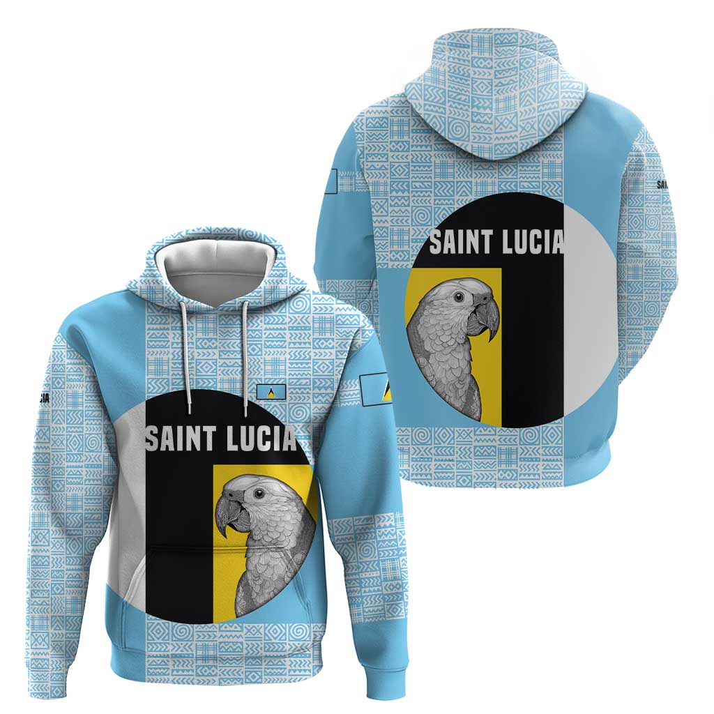 Saint Lucia Graphic Parrot Zip Hoodie with Tribal Pattern and Minimalist Blue Black Design - Wonder Print Shop