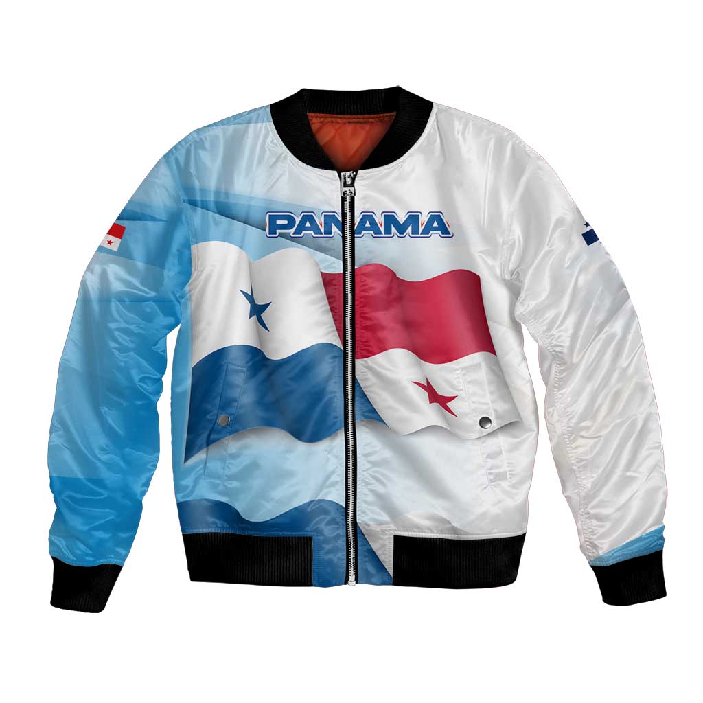 Panama Waving Flag Design Bomber Jacket with Red Blue Stars and National Color Pattern - Wonder Print Shop