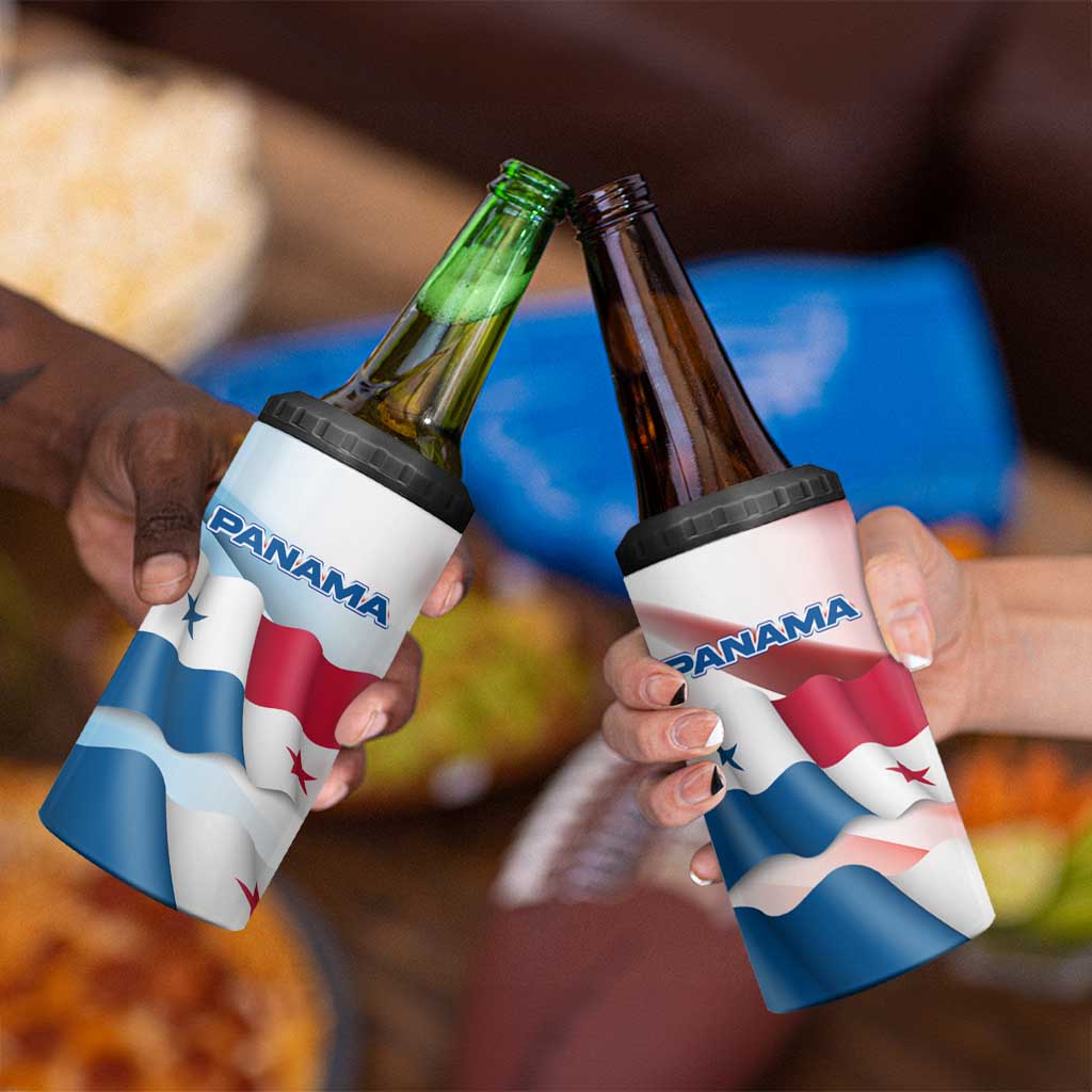 Panama Waving Flag Design 4 in 1 Can Cooler Tumbler with Red Blue Stars and National Color Pattern - Wonder Print Shop