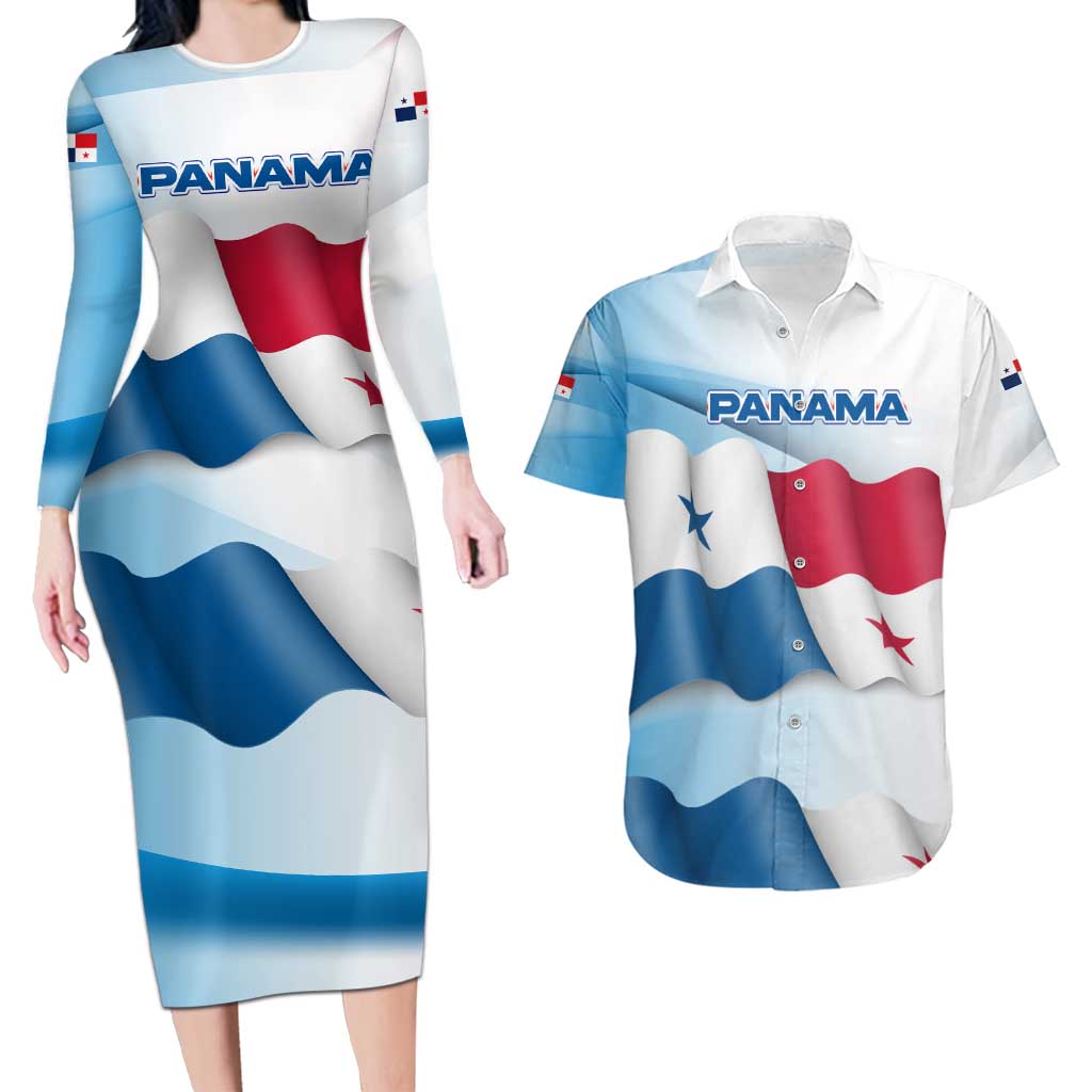 Panama Waving Flag Design Couples Matching Long Sleeve Bodycon Dress and Hawaiian Shirt with Red Blue Stars and National Color Pattern - Wonder Print Shop
