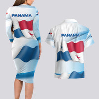 Panama Waving Flag Design Couples Matching Long Sleeve Bodycon Dress and Hawaiian Shirt with Red Blue Stars and National Color Pattern - Wonder Print Shop