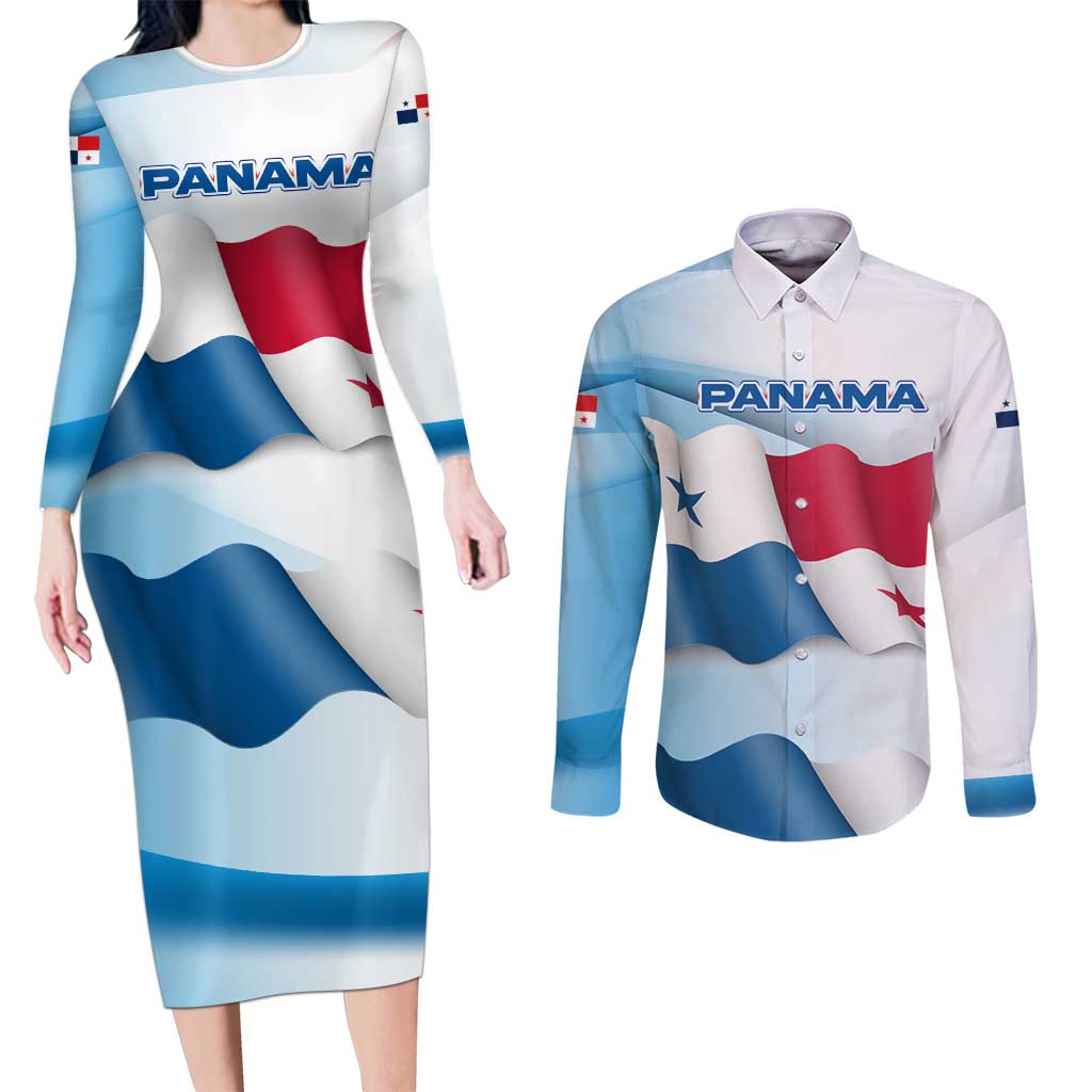 Panama Waving Flag Design Couples Matching Long Sleeve Bodycon Dress and Long Sleeve Button Shirt with Red Blue Stars and National Color Pattern - Wonder Print Shop