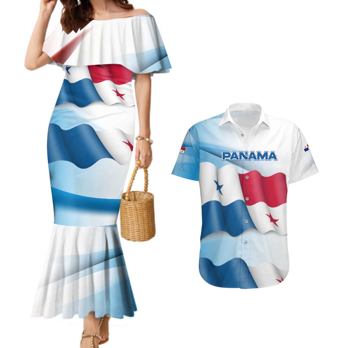 Panama Waving Flag Design Couples Matching Mermaid Dress and Hawaiian Shirt with Red Blue Stars and National Color Pattern - Wonder Print Shop