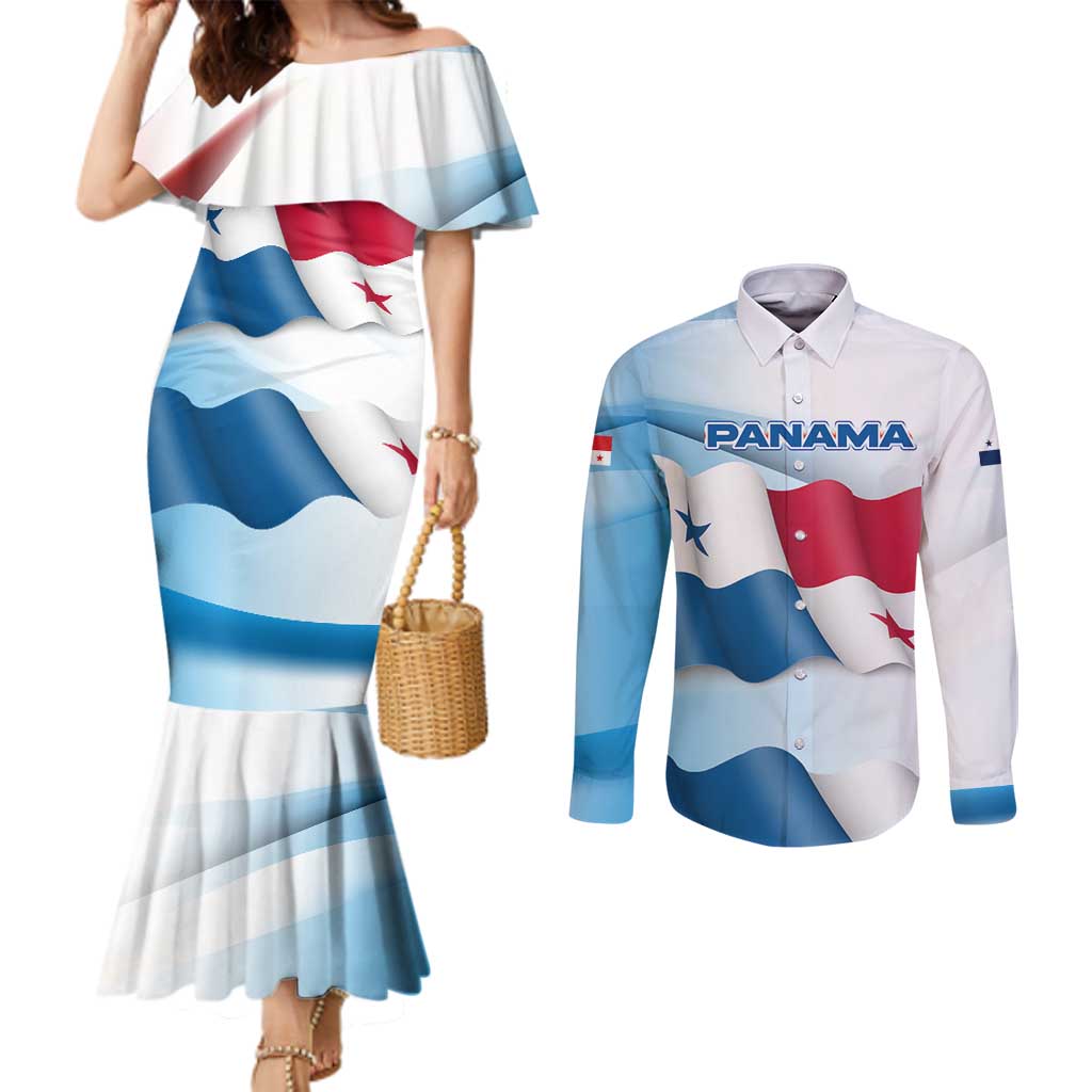 Panama Waving Flag Design Couples Matching Mermaid Dress and Long Sleeve Button Shirt with Red Blue Stars and National Color Pattern - Wonder Print Shop