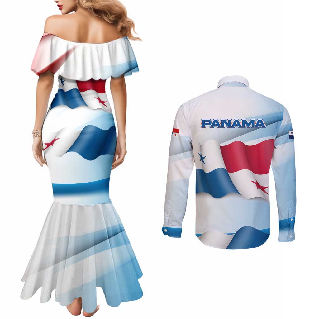 Panama Waving Flag Design Couples Matching Mermaid Dress and Long Sleeve Button Shirt with Red Blue Stars and National Color Pattern - Wonder Print Shop