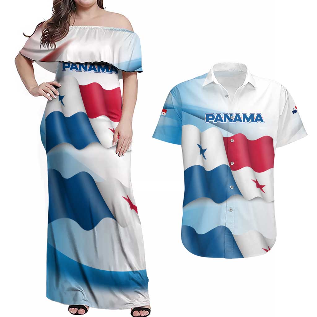 Panama Waving Flag Design Couples Matching Off Shoulder Maxi Dress and Hawaiian Shirt with Red Blue Stars and National Color Pattern - Wonder Print Shop