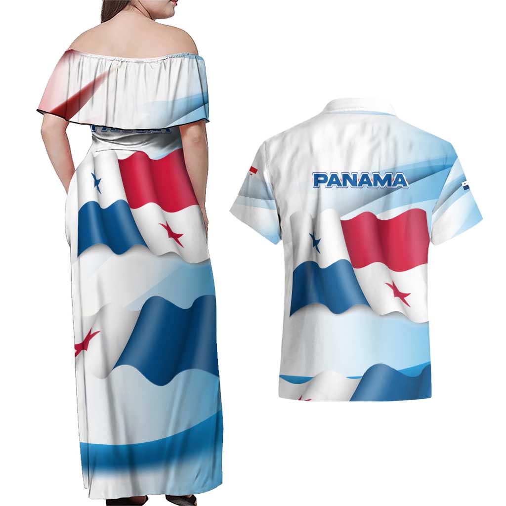 Panama Waving Flag Design Couples Matching Off Shoulder Maxi Dress and Hawaiian Shirt with Red Blue Stars and National Color Pattern - Wonder Print Shop