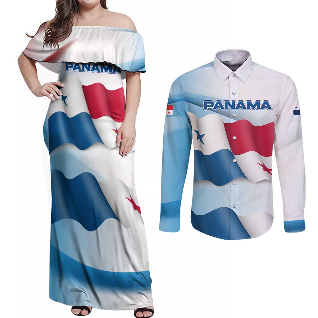 Panama Waving Flag Design Couples Matching Off Shoulder Maxi Dress and Long Sleeve Button Shirt with Red Blue Stars and National Color Pattern - Wonder Print Shop