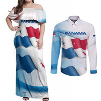 Panama Waving Flag Design Couples Matching Off Shoulder Maxi Dress and Long Sleeve Button Shirt with Red Blue Stars and National Color Pattern - Wonder Print Shop
