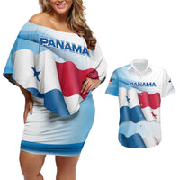 Panama Waving Flag Design Couples Matching Off Shoulder Short Dress and Hawaiian Shirt with Red Blue Stars and National Color Pattern - Wonder Print Shop