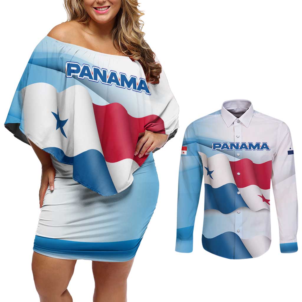 Panama Waving Flag Design Couples Matching Off Shoulder Short Dress and Long Sleeve Button Shirt with Red Blue Stars and National Color Pattern - Wonder Print Shop