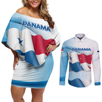 Panama Waving Flag Design Couples Matching Off Shoulder Short Dress and Long Sleeve Button Shirt with Red Blue Stars and National Color Pattern - Wonder Print Shop