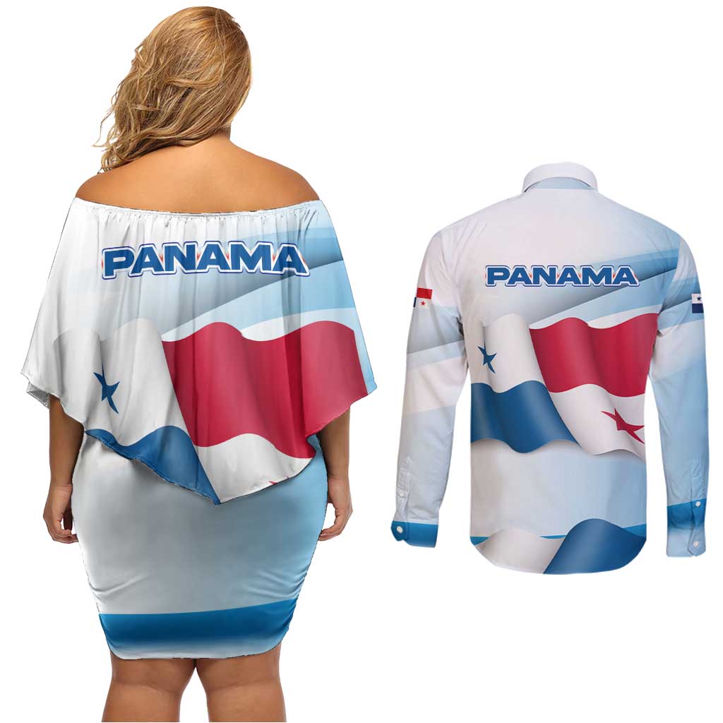 Panama Waving Flag Design Couples Matching Off Shoulder Short Dress and Long Sleeve Button Shirt with Red Blue Stars and National Color Pattern - Wonder Print Shop