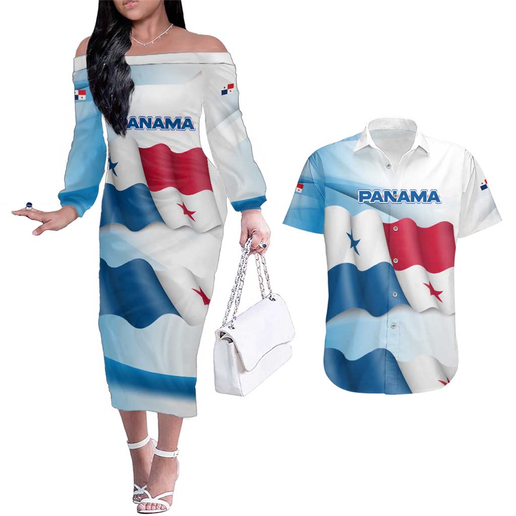 Panama Waving Flag Design Couples Matching Off The Shoulder Long Sleeve Dress and Hawaiian Shirt with Red Blue Stars and National Color Pattern - Wonder Print Shop