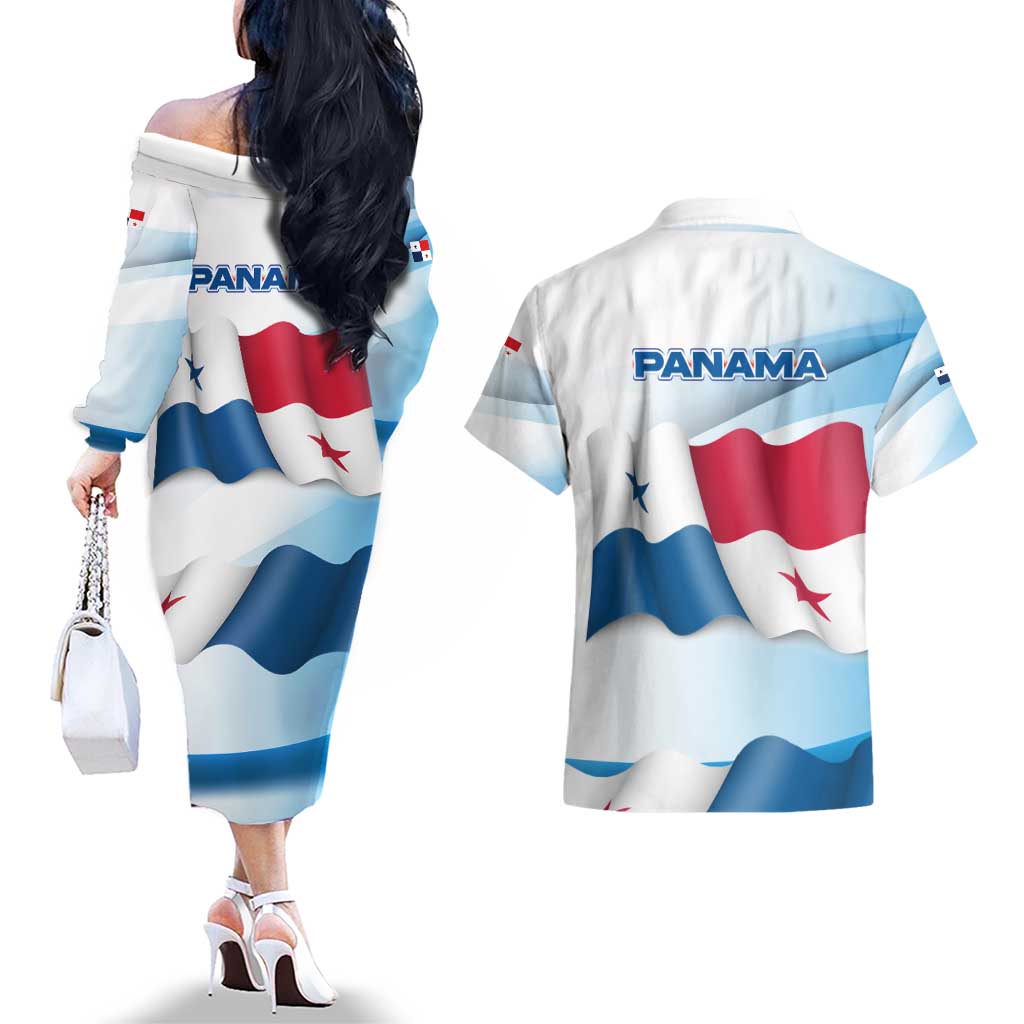 Panama Waving Flag Design Couples Matching Off The Shoulder Long Sleeve Dress and Hawaiian Shirt with Red Blue Stars and National Color Pattern - Wonder Print Shop