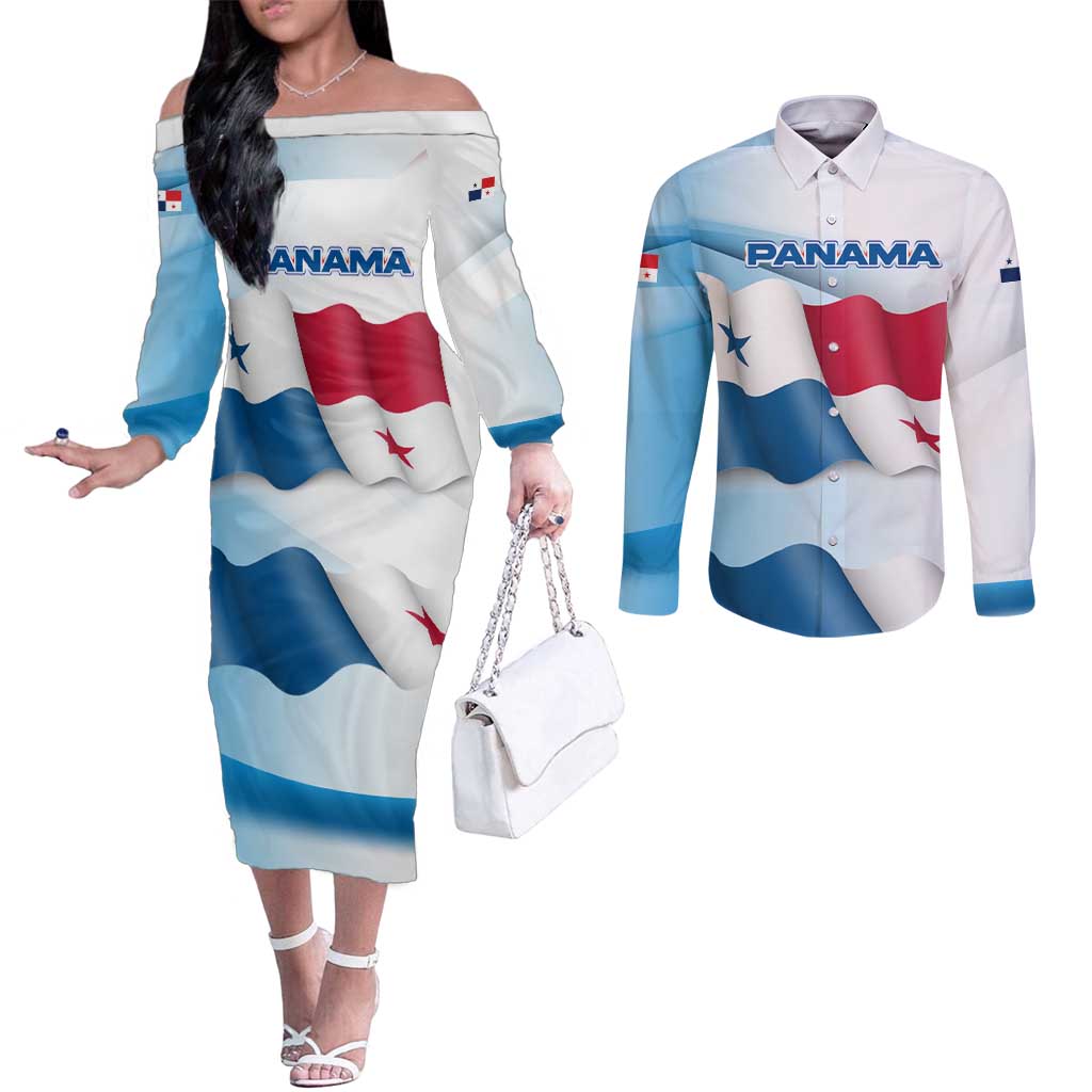 Panama Waving Flag Design Couples Matching Off The Shoulder Long Sleeve Dress and Long Sleeve Button Shirt with Red Blue Stars and National Color Pattern - Wonder Print Shop