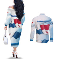 Panama Waving Flag Design Couples Matching Off The Shoulder Long Sleeve Dress and Long Sleeve Button Shirt with Red Blue Stars and National Color Pattern - Wonder Print Shop