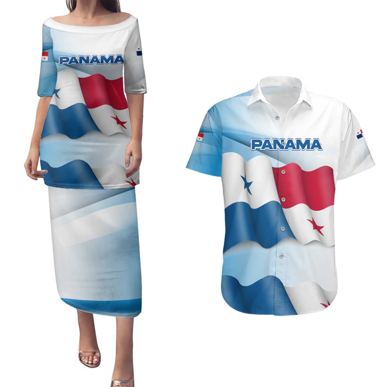Panama Waving Flag Design Couples Matching Puletasi and Hawaiian Shirt with Red Blue Stars and National Color Pattern - Wonder Print Shop