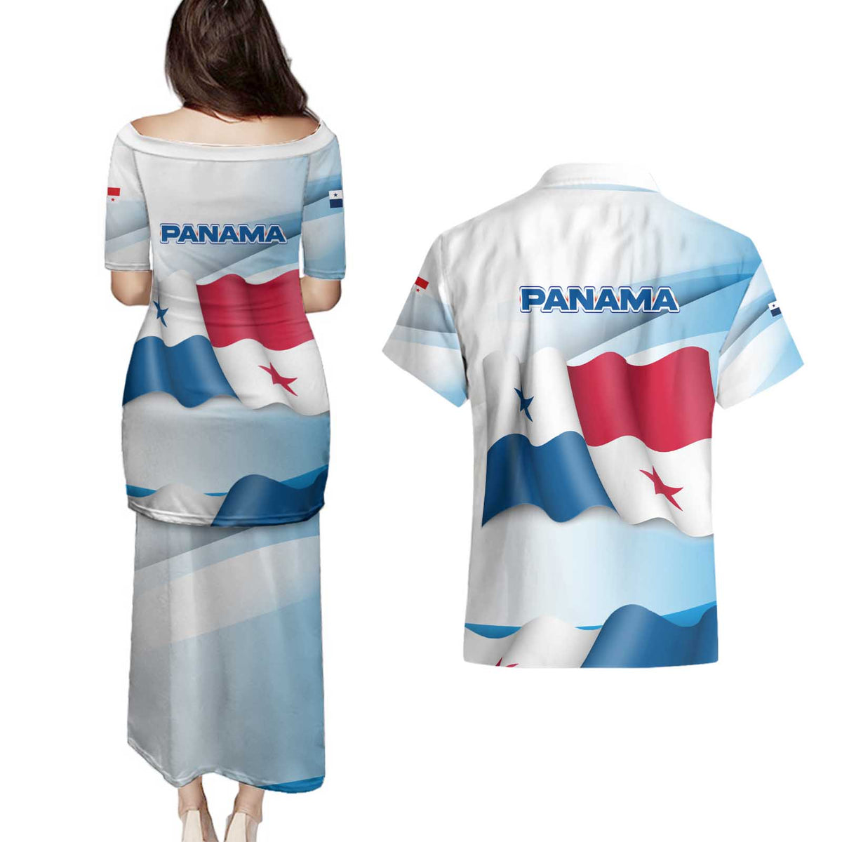Panama Waving Flag Design Couples Matching Puletasi and Hawaiian Shirt with Red Blue Stars and National Color Pattern - Wonder Print Shop