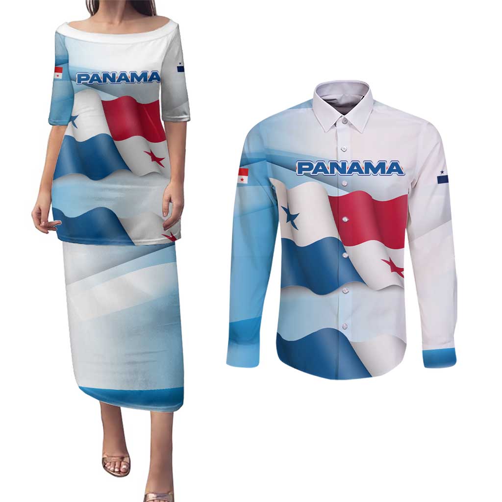 Panama Waving Flag Design Couples Matching Puletasi and Long Sleeve Button Shirt with Red Blue Stars and National Color Pattern - Wonder Print Shop