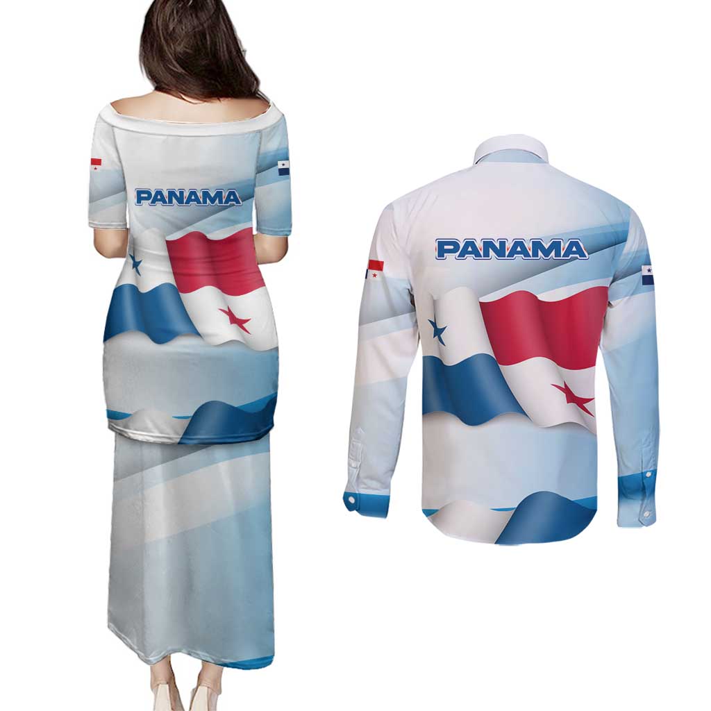 Panama Waving Flag Design Couples Matching Puletasi and Long Sleeve Button Shirt with Red Blue Stars and National Color Pattern - Wonder Print Shop