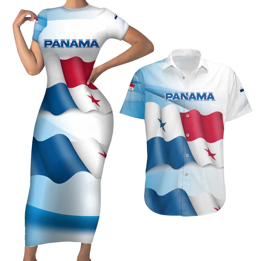 Panama Waving Flag Design Couples Matching Short Sleeve Bodycon Dress and Hawaiian Shirt with Red Blue Stars and National Color Pattern - Wonder Print Shop