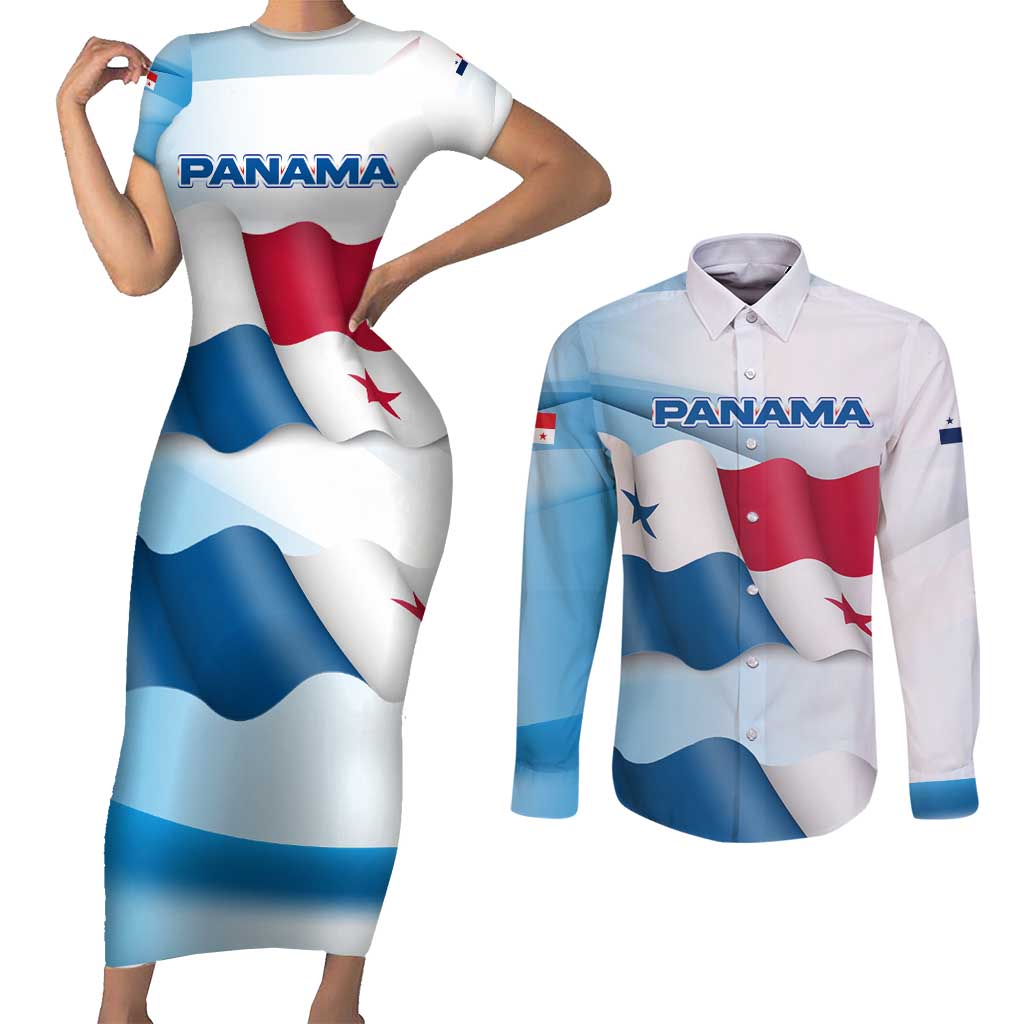 Panama Waving Flag Design Couples Matching Short Sleeve Bodycon Dress and Long Sleeve Button Shirt with Red Blue Stars and National Color Pattern - Wonder Print Shop
