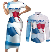 Panama Waving Flag Design Couples Matching Short Sleeve Bodycon Dress and Long Sleeve Button Shirt with Red Blue Stars and National Color Pattern - Wonder Print Shop
