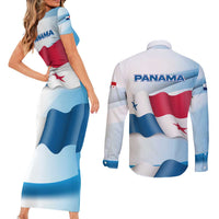Panama Waving Flag Design Couples Matching Short Sleeve Bodycon Dress and Long Sleeve Button Shirt with Red Blue Stars and National Color Pattern - Wonder Print Shop