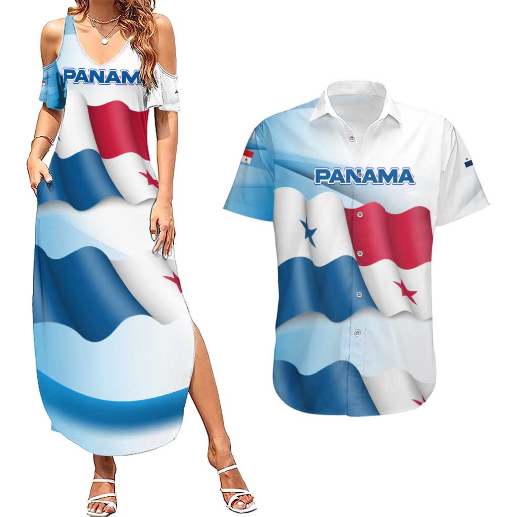Panama Waving Flag Design Couples Matching Summer Maxi Dress and Hawaiian Shirt with Red Blue Stars and National Color Pattern - Wonder Print Shop