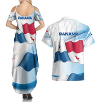 Panama Waving Flag Design Couples Matching Summer Maxi Dress and Hawaiian Shirt with Red Blue Stars and National Color Pattern - Wonder Print Shop