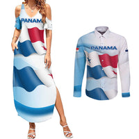 Panama Waving Flag Design Couples Matching Summer Maxi Dress and Long Sleeve Button Shirt with Red Blue Stars and National Color Pattern - Wonder Print Shop