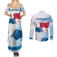 Panama Waving Flag Design Couples Matching Summer Maxi Dress and Long Sleeve Button Shirt with Red Blue Stars and National Color Pattern - Wonder Print Shop