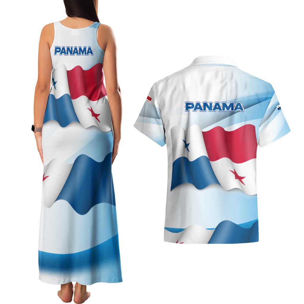 Panama Waving Flag Design Couples Matching Tank Maxi Dress and Hawaiian Shirt with Red Blue Stars and National Color Pattern - Wonder Print Shop