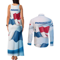 Panama Waving Flag Design Couples Matching Tank Maxi Dress and Long Sleeve Button Shirt with Red Blue Stars and National Color Pattern - Wonder Print Shop
