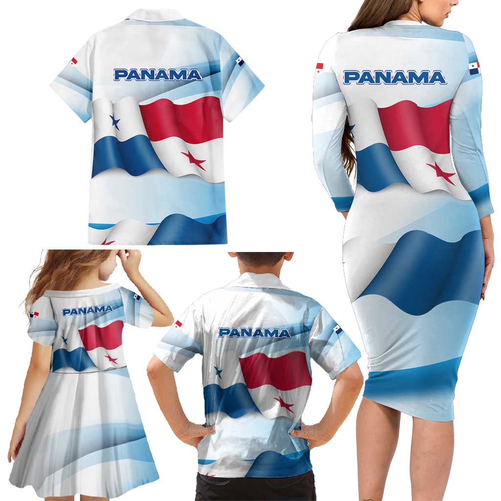 Panama Waving Flag Design Family Matching Long Sleeve Bodycon Dress and Hawaiian Shirt with Red Blue Stars and National Color Pattern - Wonder Print Shop