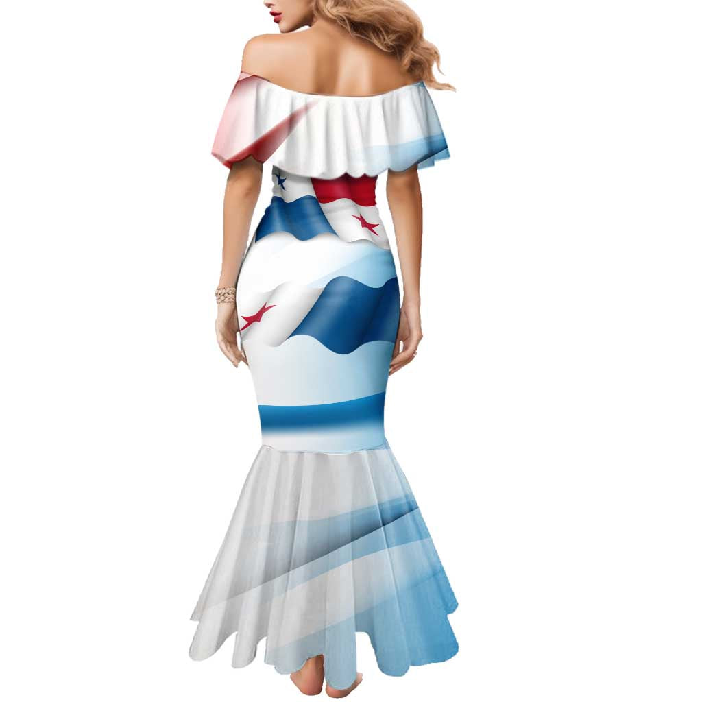 Panama Waving Flag Design Family Matching Mermaid Dress and Hawaiian Shirt with Red Blue Stars and National Color Pattern - Wonder Print Shop
