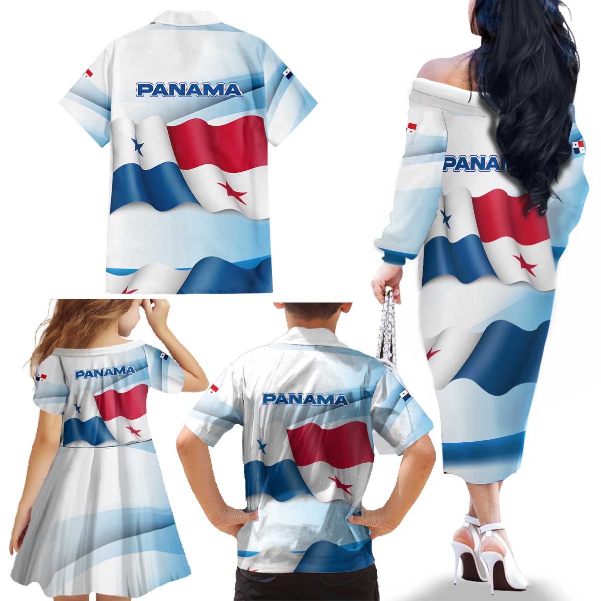 Panama Waving Flag Design Family Matching Off The Shoulder Long Sleeve Dress and Hawaiian Shirt with Red Blue Stars and National Color Pattern - Wonder Print Shop