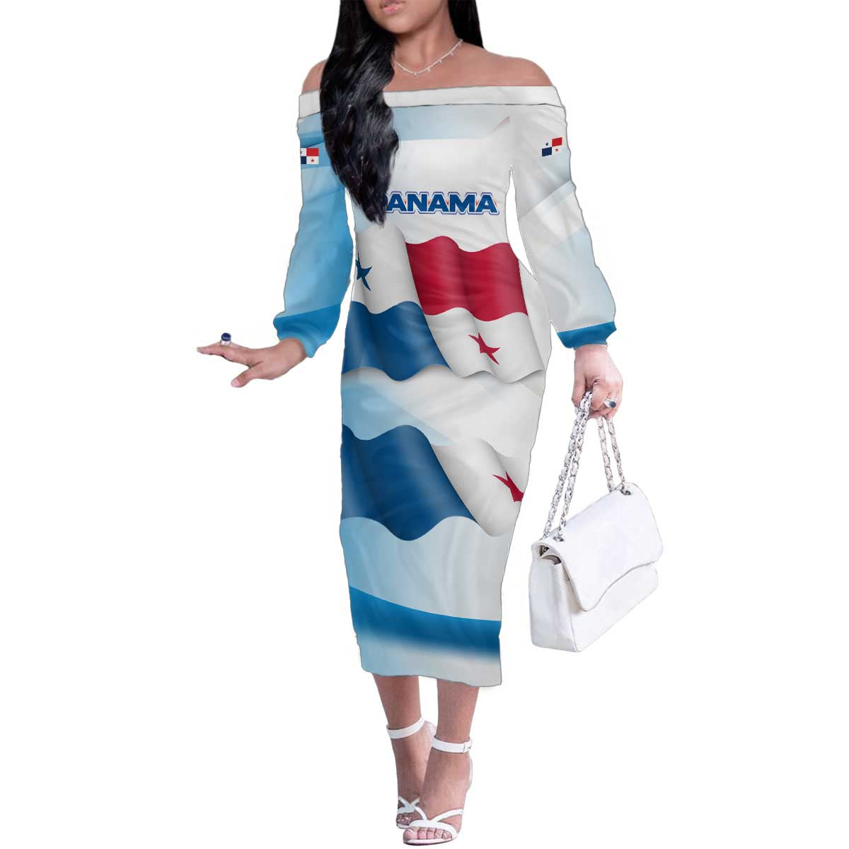 Panama Waving Flag Design Family Matching Off The Shoulder Long Sleeve Dress and Hawaiian Shirt with Red Blue Stars and National Color Pattern - Wonder Print Shop