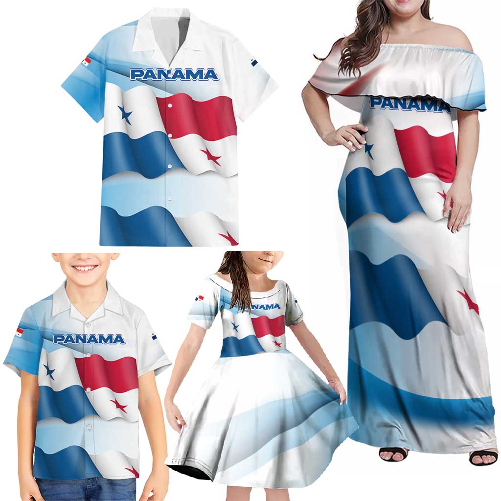 Panama Waving Flag Design Family Matching Off Shoulder Maxi Dress and Hawaiian Shirt with Red Blue Stars and National Color Pattern - Wonder Print Shop
