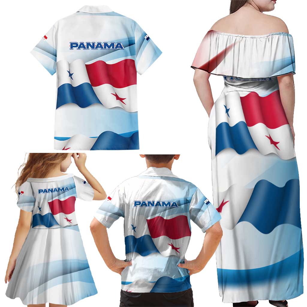 Panama Waving Flag Design Family Matching Off Shoulder Maxi Dress and Hawaiian Shirt with Red Blue Stars and National Color Pattern - Wonder Print Shop