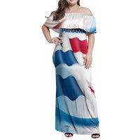 Panama Waving Flag Design Family Matching Off Shoulder Maxi Dress and Hawaiian Shirt with Red Blue Stars and National Color Pattern - Wonder Print Shop
