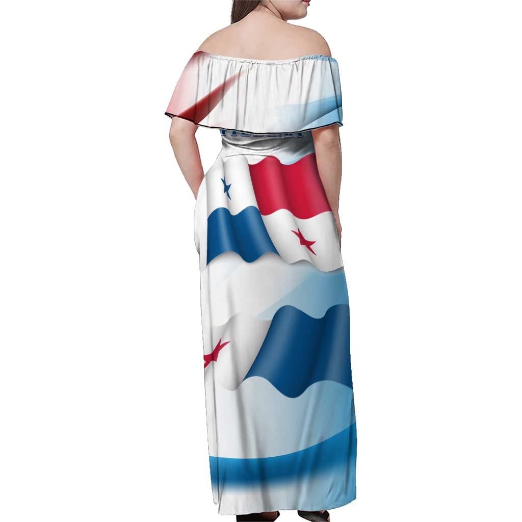 Panama Waving Flag Design Family Matching Off Shoulder Maxi Dress and Hawaiian Shirt with Red Blue Stars and National Color Pattern - Wonder Print Shop