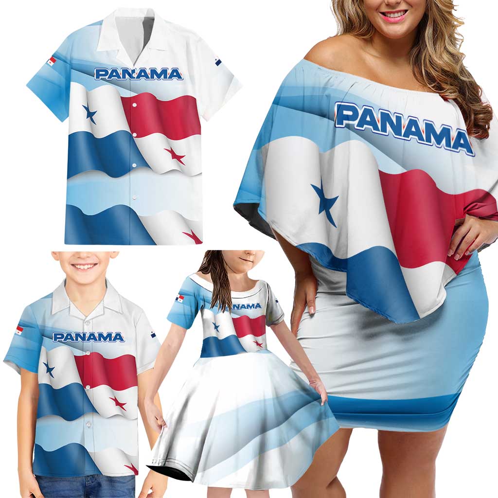 Panama Waving Flag Design Family Matching Off Shoulder Short Dress and Hawaiian Shirt with Red Blue Stars and National Color Pattern - Wonder Print Shop