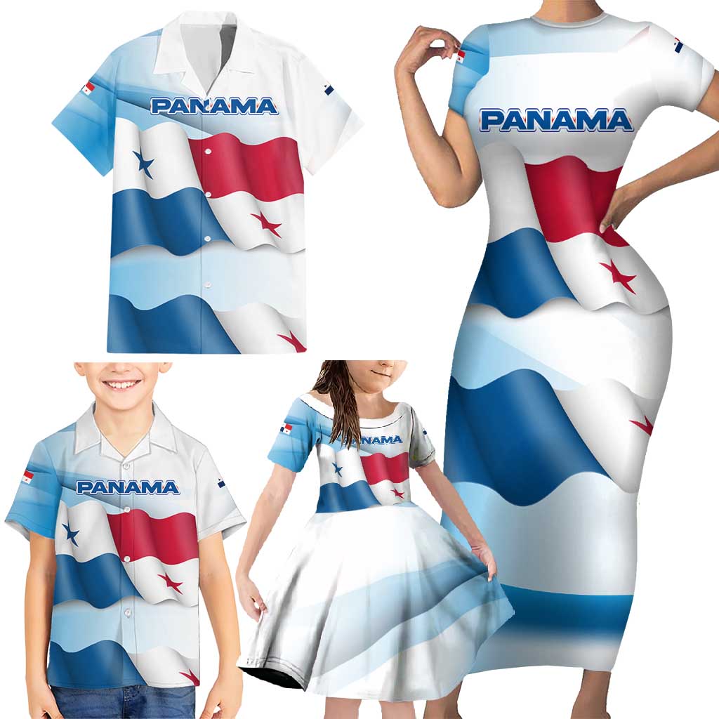 Panama Waving Flag Design Family Matching Short Sleeve Bodycon Dress and Hawaiian Shirt with Red Blue Stars and National Color Pattern - Wonder Print Shop
