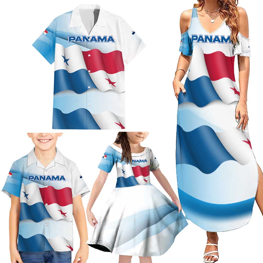 Panama Waving Flag Design Family Matching Summer Maxi Dress and Hawaiian Shirt with Red Blue Stars and National Color Pattern - Wonder Print Shop